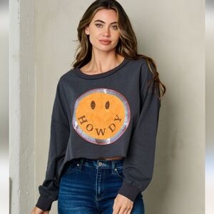 Peach Love California Howdy Smile Crop Sweatshirt Gray Long Sleeve Size S